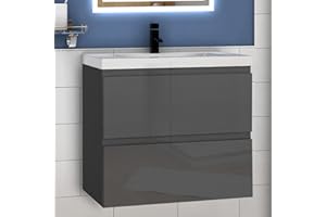 Aica Sanitär Waschtisch mit Unterschrank 60cm Alast Badmöbel Set Hochglanz Anthrazit Waschbecken Dick mit Unterschrank MDF Softclose