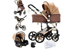 DZIRANAM Passeggino 3in1 reversibile convertibile con culla | Cornice triangolare & sospensione a doppia molla | Pieghevole con un clic per neonati e toddlers(Cachi).