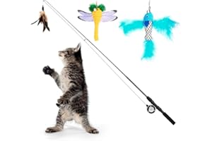 Pawaboo Giocattolo interattivo per gatti, retrattile, con 3 esche da pesca di ricambio in piume e campane, lunghezza del cavo regolabile, teaser per gatti e gattini