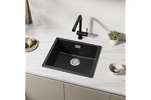 CECIPA 80% Sable Quartz Evier Cuisine 50x44cm, 1 Bac Evier Noir Incl Siphon, évier Granit pour Meuble Bas à Partir 50 cm Largeur