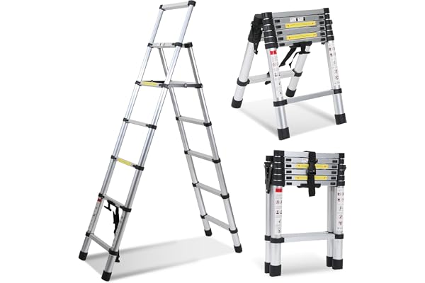 Herrselsam teleskopstege fällbar stege A-ram, 1,7 m + 2 m aluminiumstege 5 + 6 stegpinnar, multifunktionsstege, bärbar halkfri utdragbar ståstege, maximal belastning 150 kg