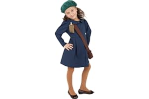 Smiffys World War II Evacuee Girl Costume, Blue with Dress, Hat & Bag, Girls Fancy Dress, 1940s Dress Up Costumes