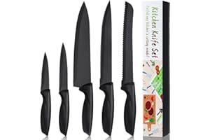 BEWOS Kitchen Knives Set, 5-Piece Stainless Steel Knife Set with Chef's Knife, Bread Knife, Slicing Knife, Utility Knife, and Paring Knife, with Black Rust Resistant Non-Stick Coating