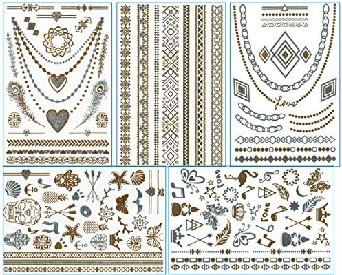 ChicTats Metallic Temporary Flash Tattoos Gold &amp; Silver 5-Sheet Pack - Bling Body Art &amp; Jewelry for Women &amp; Girls - Waterproof Fashionable Makeup Stickers