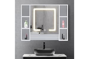 ‎OFCASA OFCASA Badezimmer-Spiegelschrank mit 1 Tür, mit LED-Lichtern, Wandmontage, Badezimmerschrank mit verstellbaren Einlegeböden, 2 Etagen, leicht erreichbarer Schrank für Duschraum, 90 x 70 x 15 cm