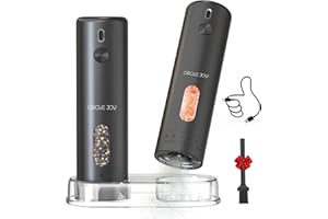 CIRCLE JOY Rechargeable Electric Salt and Pepper Grinder Set with Base, Automatic Pepper Mills with 110ml Container, External Adjustable Coarseness, White Led Light and One-Handed Operation, Black