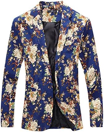 PengGeng Men Casual Dress Suit Slim Fit Floral Prints Blazer Coats Chic Jackets Blue XL