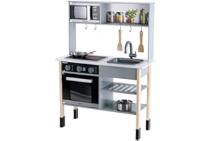 Theo Klein 7199 Cocina Miele, Cocina Blanca de Madera Que Incluye Placa de cocción, Medidas 70 cm x 30 cm x 91 cm, de Acero Inoxidable y Madera, Juguete para niños a Partir de 3 años