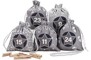 KOHMUI Adventskalender zum Befüllen, Weihnachtskalender Selbstbefüllen Aufhängen, 24 Grau Stoffsäckchen Selbst Befüllen Bastelset, Weihnachten Geschenksäckchen, Hochwertige Geschenktüte aus Baumwolle