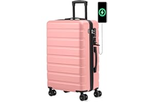 AnyZip Medium Suitcase 4 Wheels 24-Inch Hand Luggage Suitcase Hard Shell Lightweight Hard Shell Suitcase with TSA Lock+USB Charging Port, PC+ABS, 24" Pink