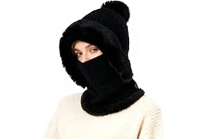 TAGVO Hiver Chaud Tricoté Bonnet Et Ensembles De Cache-Cou, Balaclava Chapeau Bonnet Tricoté Flexible Avec Boule De Poils, Cagoule Tricoté Femme pour Les Sports De Plein Air Taille Unique