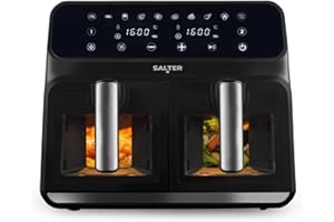 Salter EK5196GW Dual Air Fryer - Clear Viewing Windows, Dual-View Pro, Healthy Fried Foods, Large 2 Drawer Easy Clean Baskets, 10 Cooking Functions, Family Size, Touch Display, 7.6L Capacity, 1700W