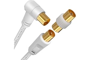 RELIAGINT TV Aerial Cable 3m – Pure Copper TV Coaxial Cable with Dual Shielding for Strong Signal – Straight or Right-Angle – Female-to-Female Adaptor Included – Fire-Resistant Aerial Connectors