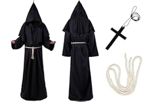 May Huang Kostium mnicha, szata kapłana, średniowieczna/renesansowa szata z kapturem i krzyżem na imprezę tematyczną, Halloween, Cosplay, karnawał i bal przebierańców