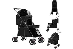 HUOLE Cochecitos de doble capa para perro, gato, animales de viaje, cochecito plegable para perro, gato, con cuatro ruedas, carrito, 67 x 50 x 95 cm, color negro