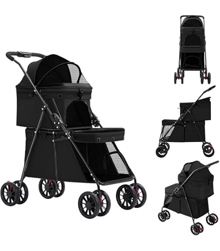 Poussette Double Pour Chiens/chats - Pliable, 2 Niveaux (max 25kg), Roues Tout-terrain - Transformable En Sac De Transport Et Panier Courses