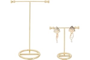 FINGERINSPIRE Espositore per Orecchini a T in Metallo Dorato da 2 Pezzi Senza Foro Portagioie da Appendere Organizzatore di Gioielli Puntelli per Fotografia【Base Tonda Oro 2 Altezze】