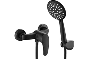 GERUIKE Grifo Ducha Monomando con Alcachofa, Manguera y Soporte - Grifo de Ducha sin Caño, 150cm Cable Ducha Acero Inoxidable, Cabezal Ducha con 3 Funciones - Negro Mate