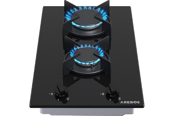 Arebos gasspis 30 cm 2 brännare | Gasspis av härdat glas | Inbyggd spis med gjutjärnsgaller
