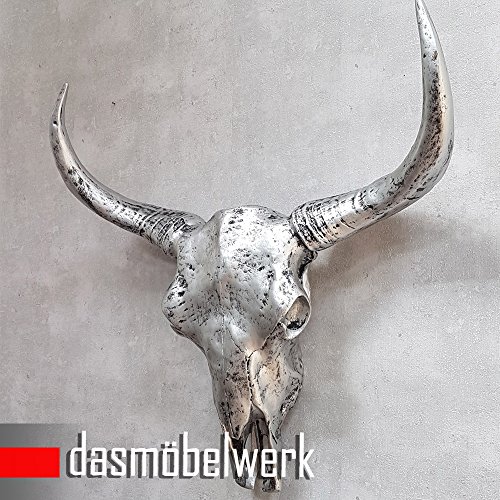 dasmöbelwerk XXL Deko Schädel 65 cm Antik Silber Stierkopf Skulptur Stier Bullenschädel Wandskulptur Hörner Bulle Stierschädel - 2