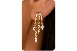 HANLI 14K Gold Plated/Silver Earrings for Women Trendy Sterling Silver Triple Huggie Earrings Dainty Dangle Earring Small Hoops Statement Long Drop Chain Earrings Fashion Non Tarnish Jewelry