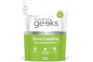 NUTRITION GEEKS Pure Creatine Monohydrate Powder - 315g (90 Servings) - Easy Dissolve Creatine Powder, Unflavoured & Micronised (Not Creatine Gummies or Creatine Tablets), Vegan Creatine for Women and Men