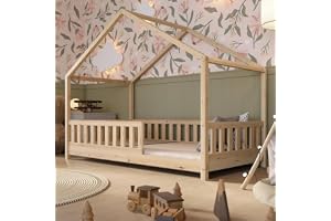 Crazy Pine Hussäng 120x200 cm – Montessori-säng i naturträ med fallskydd, höjdjusterbara ben och avtagbar barriär – Crazy Hou
