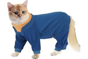Hjumarayan Cat Onesie, Full Coverage Warm Fleece Jumper with Four-leg Sticky Hair Clothes, Soft Long Sleeve Cat Recovery Suit Stretchy Body Suit to Stop Licking, Blue L