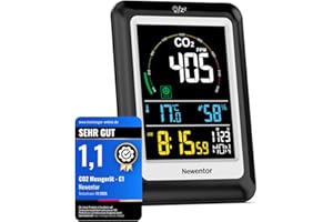 Newentor CO2 Messgerät, 4 CO2-Konzentrationsstufen mit Alarm und Lüftungsempfehlungen, Batteriebetrieb & USB-Anschluss mit 3 Helligkeitsstufen, für Schulen, Büro, Wohnzimmer, NDIR, Schwarz, 1er Pack