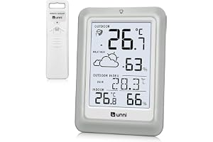Indoor Outdoor Thermometer Wireless Weather Station with 100m Range Remote Sensor and Backlight Display (White Grey)
