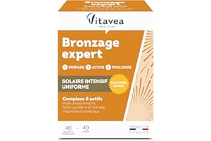 VITAVEA BIEN-ETRE Vitavea - Bronzage Expert - Prépare, Active et Prolonge le Bronzage - Peau Sublimée - Complément Alimentaire avec Huile de Bourrache, Bêta-Carotène, Zinc, Vitamine B5, Cuivre - 40 Gélules - 40 Jours