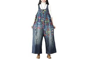 YuanDiann Womens Denim Dungarees Wide Leg Printing Plus Size Overalls Romper Jeans Boyfriend Loose Fit Maternity Oversized Jumpsuits Trousers 1# Dark Blue