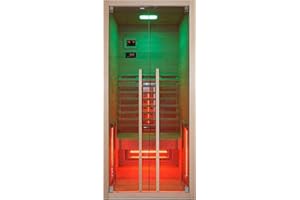 SANOTECHNIK Infrarotkabine RUBY 1 – 1‑Person Infrarotsauna 90×100×195 cm | 4 Voll‑Spektrumstrahler (1.550 W), LED‑Farblicht, Bluetooth‑MP3, 6 mm ESG‑Sicherheitsglas, Touch‑Display, F20090