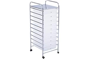 COSTWAY Carrito Auxiliar con Ruedas, Estantería Baño con 10 Cajones Extraíbles, Carrito Baño de Almacenamiento con Marco de Metal, Carro Cocina con Cajones Apilable para Baño, Oficina, Transparente