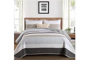 ‎WONGS BEDDING WONGS BEDDING Tagesdecke 220x240 Grau Braun Bettüberwurf Schlieren Decke Steppdecke 3 teilig Doppelbett Gesteppt Bettdecke Mikrofaser Wohndecke mit 2 Kissenbezug 50x75 für Schlafzimmer Sofaüberwurf