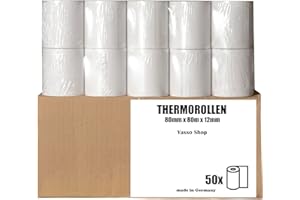 ‎BRASQ Thermorollen 80mm x 80m x 12mm - 50 Stück, Kassenrollen aus Thermopapier, Bonrollen Thermo 80mm, hochwertige Thermopapierrollen für Registrierkasse, BPA frei