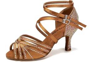 RUYBOZRY Damen Latein Tanzschuhe Salsa Ballsaal Satin Strass Tanz Sandalen Glitzer Offene Zehen Hoher Absatz Salsa Tanzschuhe,Modell YC-D27