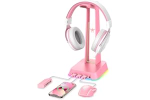 PHNIXGAM RGB-Kopfhörerständer mit 3,5-mm-AUX- und 3-Port-USB-2.0-Hub, universeller Gaming-Headset-Aufhängerhalter für Computer-Gaming-Gamer-Zubehör (Rosa)
