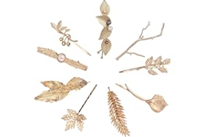 YOOSIT Lot de 9 pinces à cheveux crocodiles en métal doré - Plumes, feuilles et fleurs - Accessoires pour femme, pour mariage et fête
