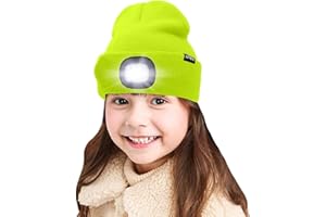 ATNKE Kids LED beleuchtete Mütze mit Licht, USB Wiederaufladbare 4 LED Scheinwerfer wasserdichte Winterwärmer Strick Nachthüte mit leichten Jungen Mädchen