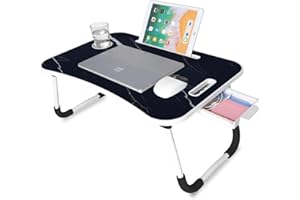 unycos - Plateau de Petit Déjeuner, Table de Lit Pliante Multifonctionnel, Plateau Bois, Support Ordinateur Portable avec Poignée, Porte-gobelets, Porte-Tablette 60 x 40 x 26 cm (avec Tiroir)