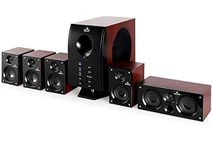 Auna Area 525-5.1 Surround Sound System, Speaker System, Home Cinema Sound System, 125 Watt RMS, Active Mono Subwoofer, 5.25" Sidefiring Woofer, Bass, AUX, Brown