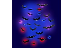 SUEWIDFAY Halloween Fledermäuse Deko innen mit LED Beleuchtung 24 Stück 3D DIY Wandaufkleber schreckliche Halloween Wandaufkleber Dekor Verschiedene Größen PVC-Fledermäuse
