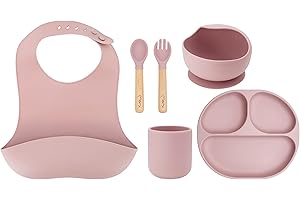 MoMi Kindergeschirr mit Essbesteck AMI, 6-teiliges Set: Lätzchen, Löffel, Gabel, Teller, Schüssel 360 ml, Becher 180 ml, aus Silikon, spülmaschinenfest und mikrowellengeeignet