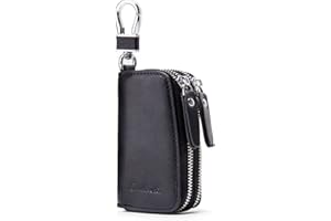 Contacts Car Key Case Leather Double Zipper Key Holder with Keyring Key Fob Organizer Coin Pouch