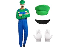 Formemory Déguisement Mario et Luigi pour Enfant Adulte, Costume de Mario Déguisement Luigi Classique avec Chapeau Moustache Gants Combinaison, Déguisements Mario pour Carnaval Halloween