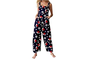 GENERIC Xmas Onesies Christmas Jumpsuit For Women Uk Santa Claus Print Dungarees Snowman Print Tunic Long Overall High Waist Slim Fit Fitness Onsies Romper Wide Leg One Piece Playsuits Romper With Pockets