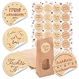 24 braune Blockbodenbeutel mit Fenster und Pergamineinlage (7 x 4 x 20,5 cm) und 24 runde beige rote Aufkleber 4 cm 'Weihnachtswünsche' zum liebenvollen Verpacken