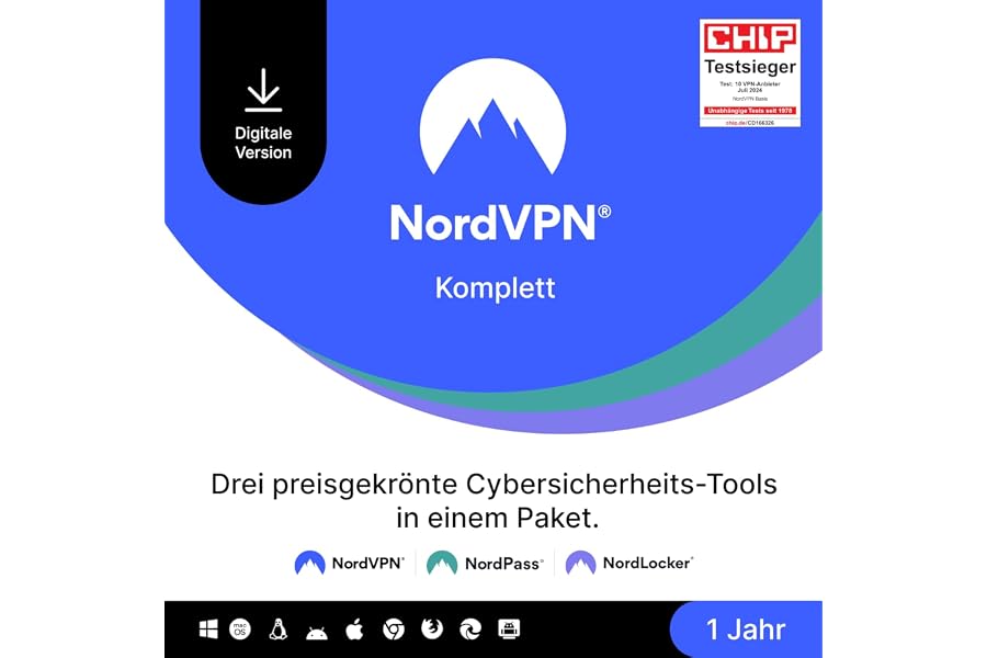 NordVPN Komplett, 1 Jahr, VPN- und Cybersicherheitssoftware, Digitaler Code