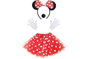 iZoeL Minnie Costume Ragazza, 1 Tutù di Minnie 1 Fascia per Orecchie da Topo 2 Guanti Bianchi 1 Naso Nero, per Costume Carnevale Festa di Compleanno Costume Halloween per Ragazze Bambini